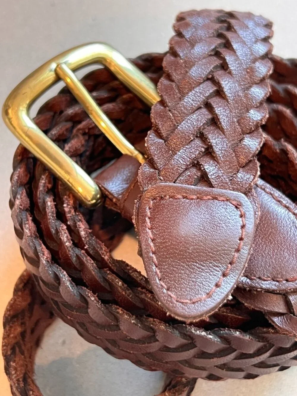 Unisex Genuine Leather Braided Woven Belt Brown Gold-Tone Buckle, 50x125 cm